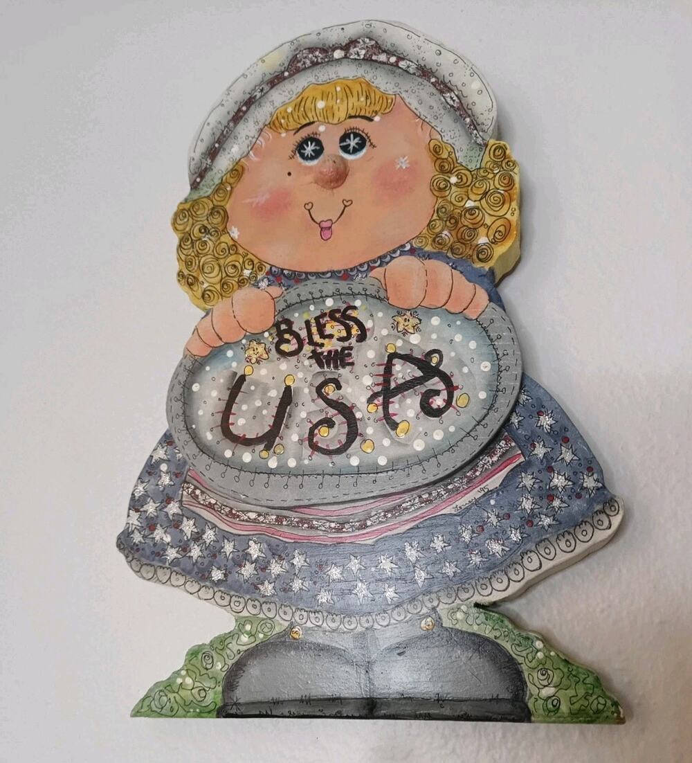 Hand Painted Vintage Wooden Sign Bless The USA America Patriotic Star Signed 95'